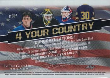 2020-21 Leaf In The Game Used - 4 Your Country Purple #4YC-17 John Vanbiesbrouck / Tom Barrasso / Mike Richter / Ryan Miller Back