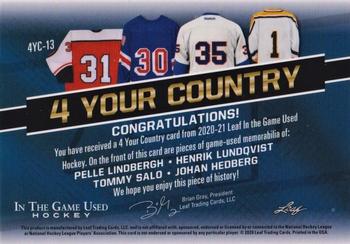 2020-21 Leaf In The Game Used - 4 Your Country Emerald #4YC-13 Pelle Lindbergh / Henrik Lundqvist / Tommy Salo / Johan Hedberg Back