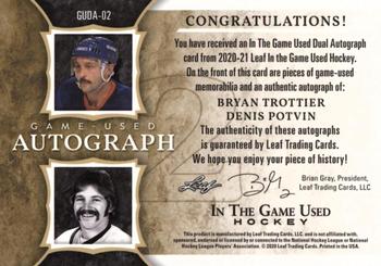 2020-21 Leaf In The Game Used - Dual Autographs Navy Blue #GUDA-02 Bryan Trottier / Denis Potvin Back