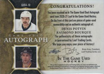 2020-21 Leaf In The Game Used - Dual Autographs Magenta #GUDA-10 Denis Potvin / Raymond Bourque Back