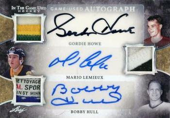 2020-21 Leaf In The Game Used - Triple Autographs Silver #GUTA-05 Gordie Howe / Mario Lemieux / Bobby Hull Front