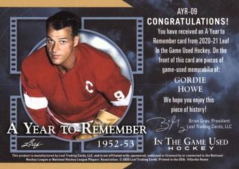 2020-21 Leaf In The Game Used - A Year to Remember Navy Blue #AYR-09 Gordie Howe Back