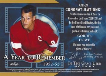 2020-21 Leaf In The Game Used - A Year to Remember Purple #AYR-09 Gordie Howe Back