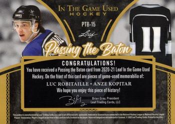 2020-21 Leaf In The Game Used - Passing the Baton Navy Blue #PTB-15 Luc Robitaille / Anze Kopitar Back