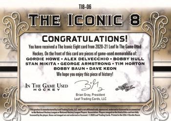 2020-21 Leaf In The Game Used - The Iconic 8 Navy Blue #TI8-06 Gordie Howe / Alex Delvecchio / Bobby Hull / Stan Mikita / George Armstrong / Tim Horton / Bobby Baun / Dave Keon Back