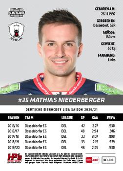 2020-21 Playercards (DEL) #DEL-028 Mathias Niederberger Back