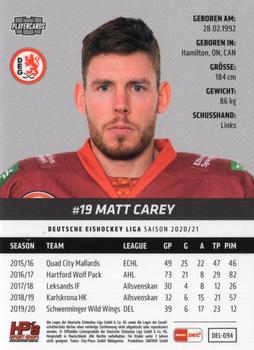 2020-21 Playercards (DEL) #DEL-094 Matt Carey Back