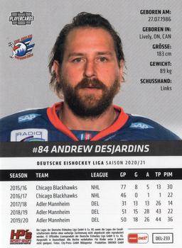 2020-21 Playercards (DEL) #DEL-233 Andrew Desjardins Back