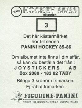 1985-86 Panini Hockey Elitserien (Swedish) Stickers #3 Tomas Östlund Back