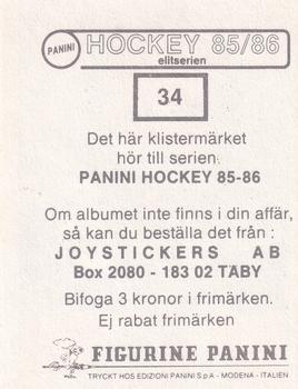 1985-86 Panini Hockey Elitserien (Swedish) Stickers #34 Mikael Andersson Back