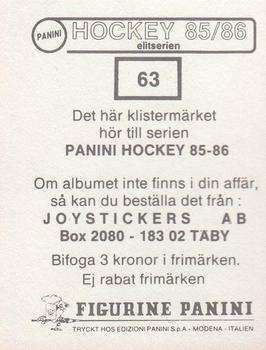 1985-86 Panini Hockey Elitserien (Swedish) Stickers #63 Kenneth Andersson Back