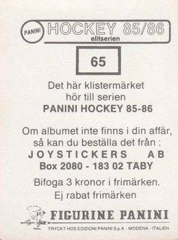 1985-86 Panini Hockey Elitserien (Swedish) Stickers #65 Joakim Pehrson Back