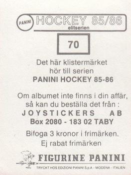 1985-86 Panini Hockey Elitserien (Swedish) Stickers #70 Mats Ytter Back