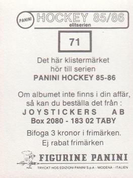 1985-86 Panini Hockey Elitserien (Swedish) Stickers #71 Orvar Stambert Back