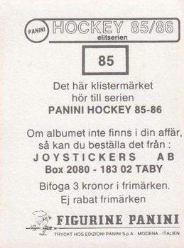 1985-86 Panini Hockey Elitserien (Swedish) Stickers #85 Anders Johnson Back