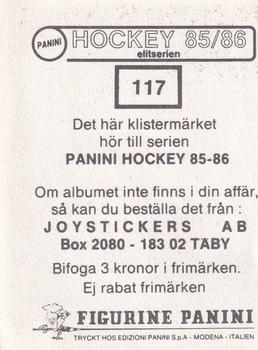 1985-86 Panini Hockey Elitserien (Swedish) Stickers #117 Pelle Lindbergh Back