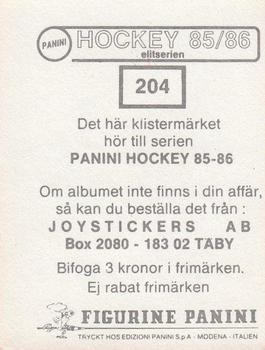 1985-86 Panini Hockey Elitserien (Swedish) Stickers #204 Roger Eliasson Back