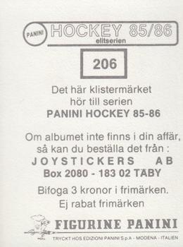 1985-86 Panini Hockey Elitserien (Swedish) Stickers #206 Jan Karlsson Back