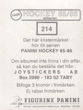 1985-86 Panini Hockey Elitserien (Swedish) Stickers #214 Ingemar Ström Back