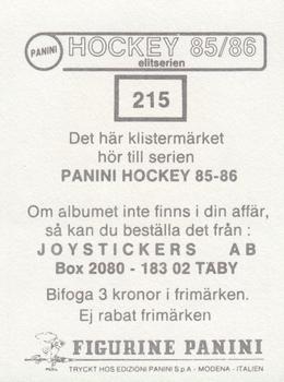 1985-86 Panini Hockey Elitserien (Swedish) Stickers #215 Tommy Eriksson Back