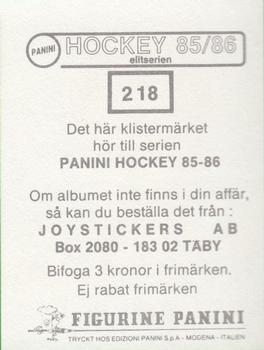 1985-86 Panini Hockey Elitserien (Swedish) Stickers #218 Pekka Arbelius Back