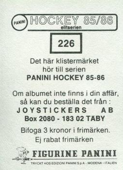 1985-86 Panini Hockey Elitserien (Swedish) Stickers #226 Peter Ekroth Back