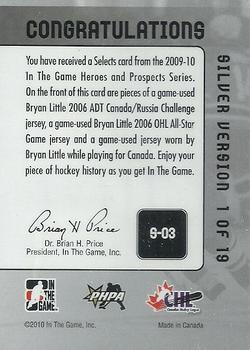2015-16 In The Game Final Vault - 2009-10 In The Game Heroes and Prospects Selects Jerseys (Gold Vault Stamp) #S-03 Bryan Little Back