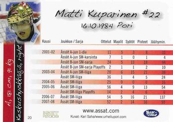 2008-09 Porin Assat Pelaajakortit #20 Matti Kuparinen Back