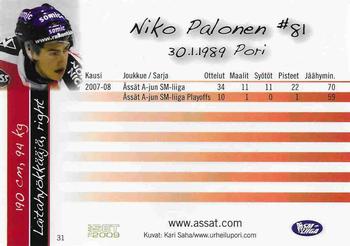 2008-09 Porin Assat Pelaajakortit #31 Niko Palonen Back