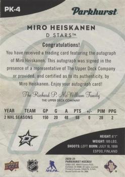 2020-21 Parkhurst - Parkies Autographs #PK-4 Miro Heiskanen Back