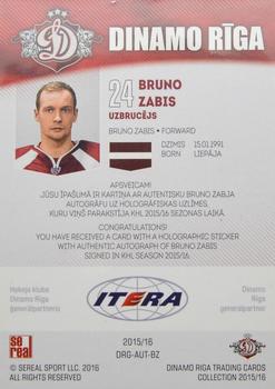 2015-16 Sereal Dinamo Riga - Autographs #AUT-BZ Bruno Zabis Back