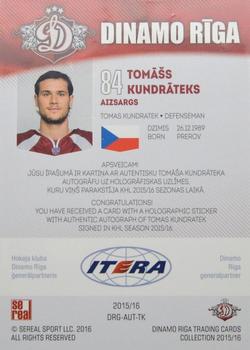 2015-16 Sereal Dinamo Riga - Autographs #AUT-TK Tomas Kundratek Back