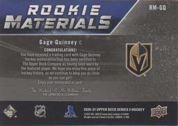 2020-21 Upper Deck - Rookie Materials Patch #RM-GQ Gage Quinney Back