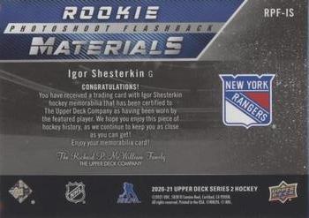 2020-21 Upper Deck - Rookie Photoshoot Flashback Materials #RPF-IS Igor Shesterkin Back
