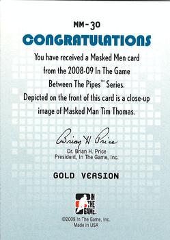 2015-16 In The Game Final Vault - 2008-09 In The Game Between The Pipes - Masked Men Gold (Silver Vault Stamp) #MM-30 Tim Thomas Back