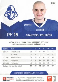 2020-21 SportZoo Slovenská Hokejová Liga #016 Frantisek Poliacek Back