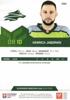 2020-21 SportZoo Slovenská Hokejová Liga #094 Henrich Jabornik Back