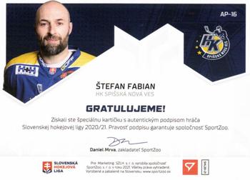 2020-21 SportZoo Slovenská Hokejová Liga - Autographed Playmakers #AP-16 Stefan Fabian Back