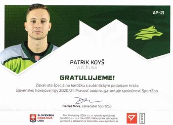 2020-21 SportZoo Slovenská Hokejová Liga - Autographed Playmakers #AP-21 Patrik Koys Back