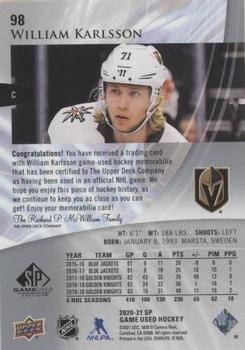 2020-21 SP Game Used - Silver Jersey #98 William Karlsson Back