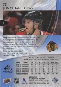 2020-21 SP Game Used - Blue Autographs #73 Jonathan Toews Back