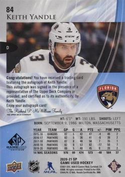 2020-21 SP Game Used - Blue Autographs #84 Keith Yandle Back