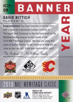 2020-21 SP Game Used - 2019 NHL Heritage Classic Banner Year Relics #HC20-DR David Rittich Back