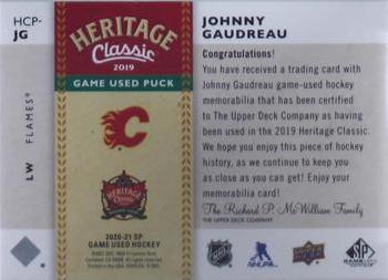 2020-21 SP Game Used - 2019 NHL Heritage Classic Game Used Pucks Gold #HCP-JG Johnny Gaudreau Back