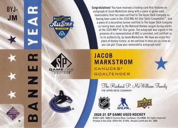 2020-21 SP Game Used - 2020 NHL All-Star Game Banner-Jersey Relics Autographs #BYJ-JM Jacob Markstrom Back