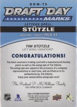 2020-21 SP Game Used - Draft Day Marks Rookies #DDM-TS Tim Stutzle Back