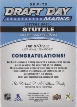 2020-21 SP Game Used - Draft Day Marks Rookies #DDM-TS Tim Stutzle Back