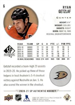 2020-21 SP Authentic #6 Ryan Getzlaf Back