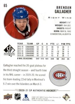 2020-21 SP Authentic #65 Brendan Gallagher Back