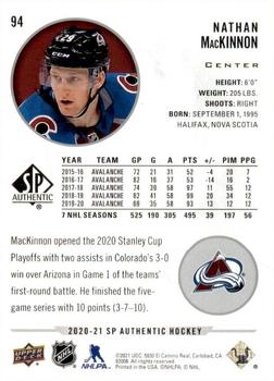 2020-21 SP Authentic #94 Nathan MacKinnon Back